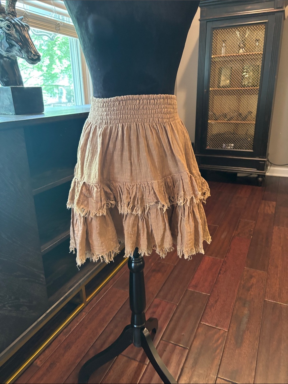 Smocked Waist Tiered Mini Skirt in Beige